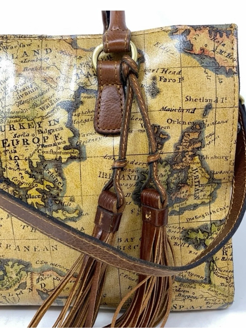 Patricia Nash Map-Print Satchel with Brown Trim and Tassels
